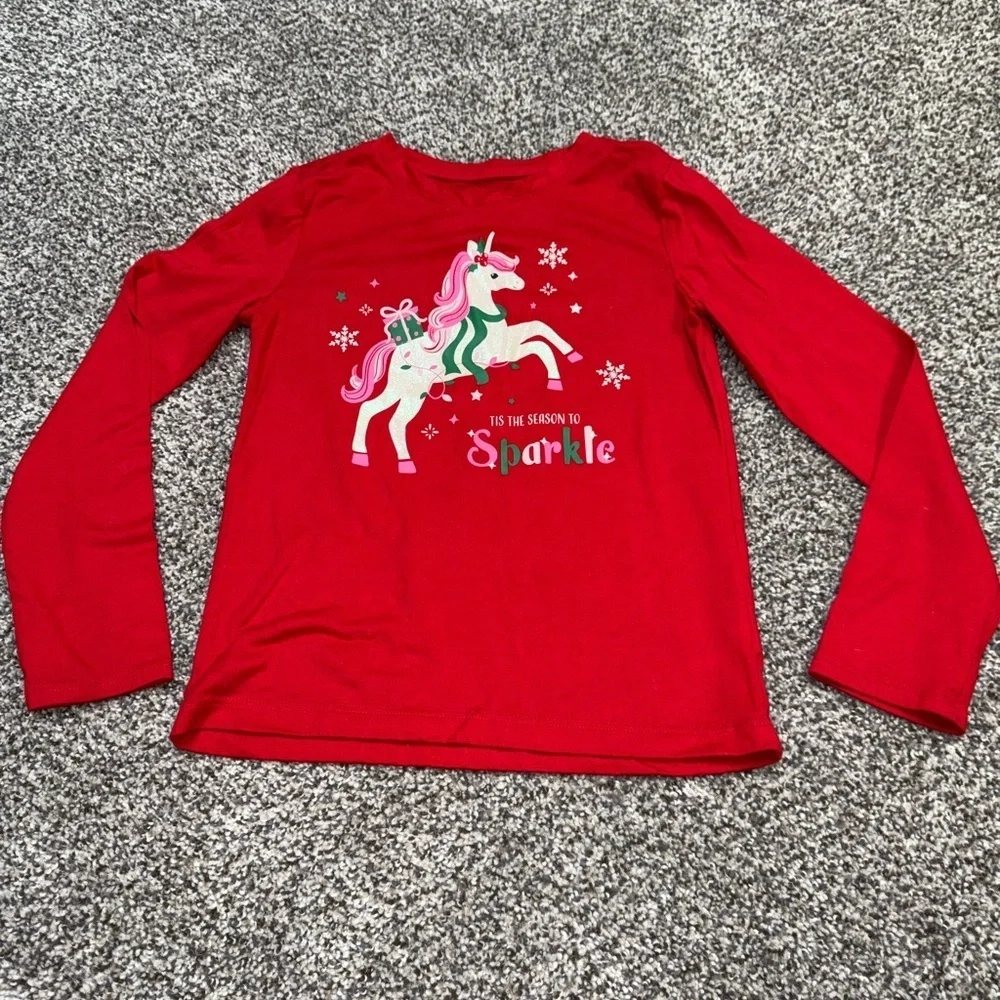 Holiday time red long sleeve shirt with unicorn